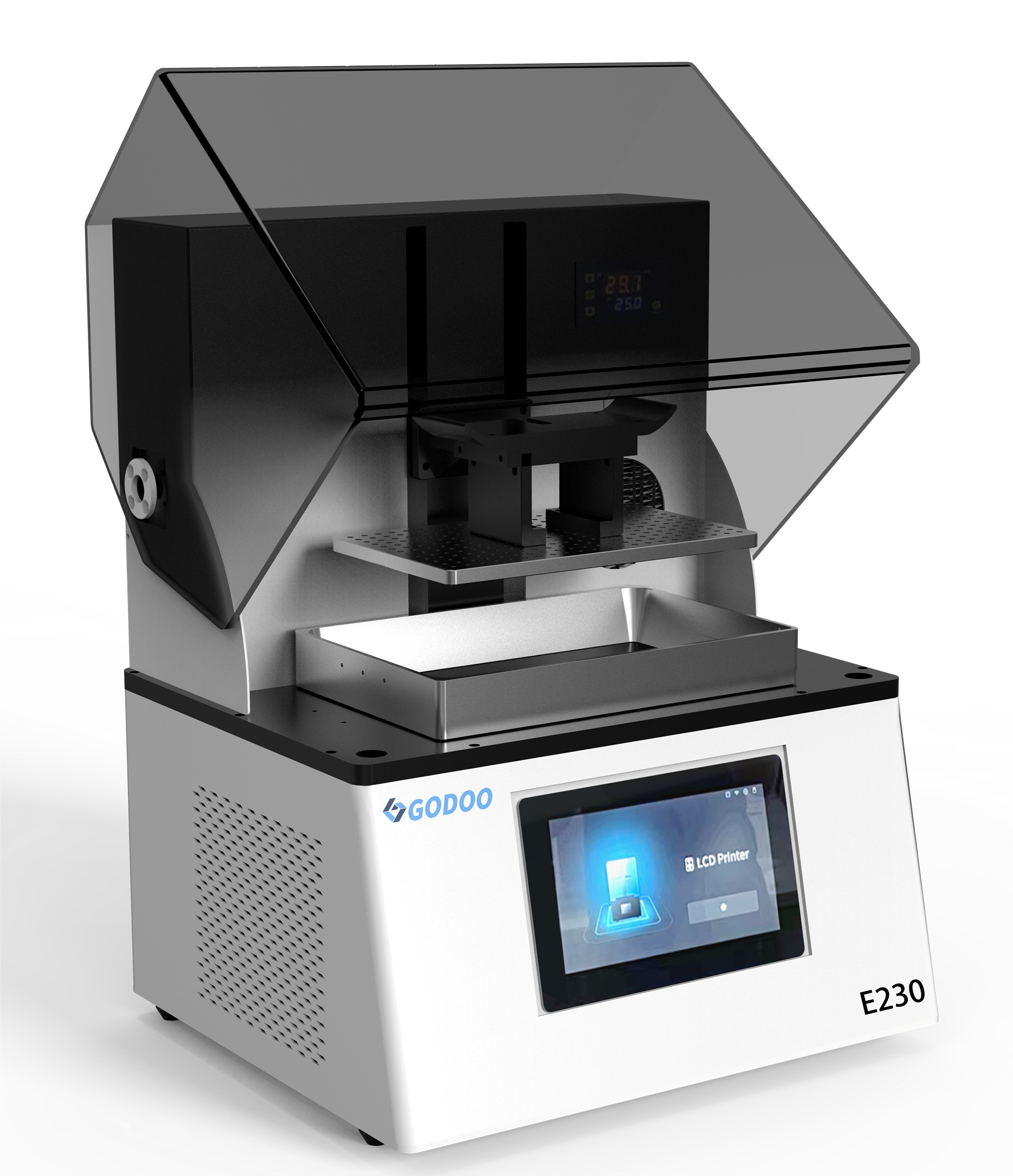 GoDoo E230 dental 3D-printer - 3/4 aanzicht met open kap